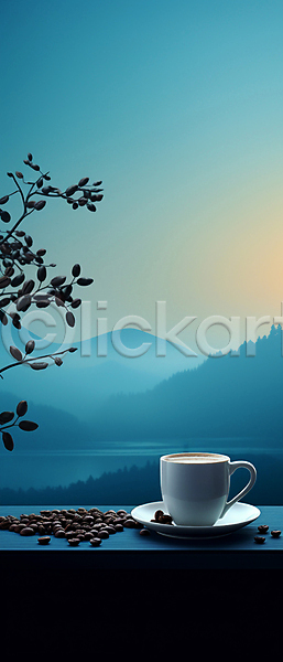 사람없음 JPG 편집이미지 나뭇가지 백그라운드 산 원두 카피스페이스 커피 커피잔 파란색 호수