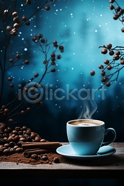 사람없음 JPG 편집이미지 겨울 나뭇가지 눈(날씨) 백그라운드 시나몬 시나몬스틱 연기 열매 원두 커피 커피잔 파란색