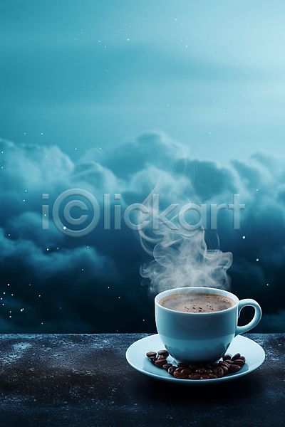 사람없음 JPG 편집이미지 구름(자연) 반짝임 백그라운드 연기 원두 카피스페이스 커피 커피잔 탁자 파란색