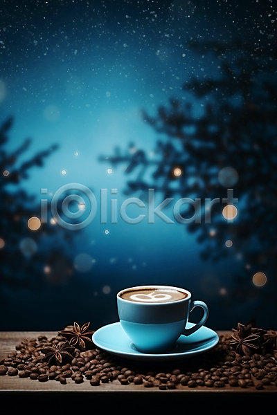 따뜻함 사람없음 JPG 편집이미지 겨울 반짝임 백그라운드 보케 빛망울 원두 커피 커피잔 탁자 파란색 팔각회향