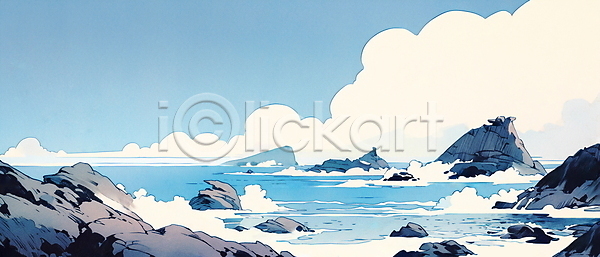 사람없음 JPG 일러스트 구름(자연) 맑음 바다 바위(돌) 백그라운드 자연 파도 파란색 풍경화 하늘