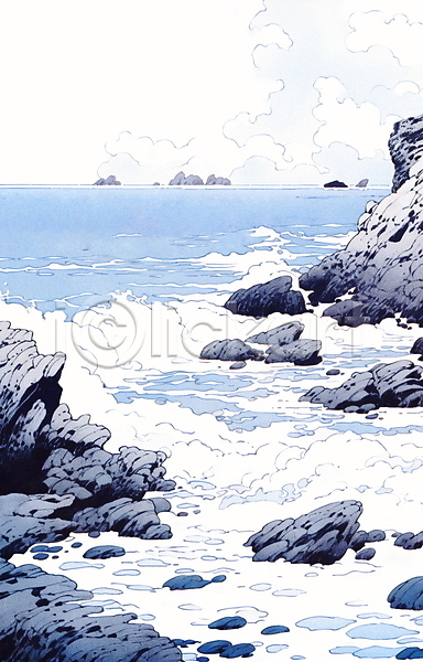 사람없음 JPG 일러스트 구름(자연) 바다 바위(돌) 백그라운드 자연 파도 파란색 풍경화
