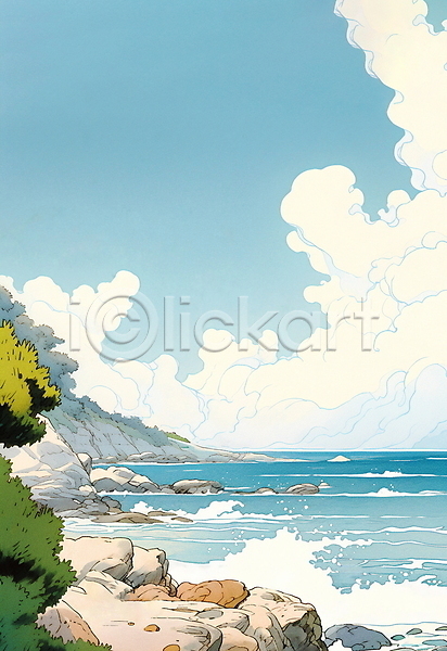 사람없음 JPG 일러스트 구름(자연) 나뭇잎 맑음 바다 바위(돌) 백그라운드 섬 자연 파도 풍경화 하늘
