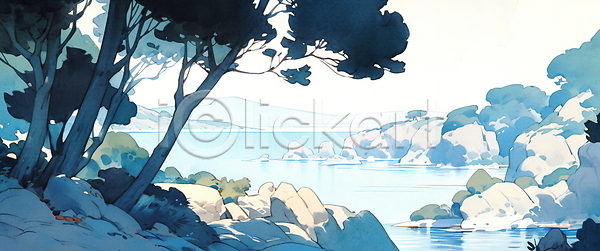 사람없음 JPG 일러스트 나무 바다 바위(돌) 백그라운드 산 섬 자연 파란색 풍경화