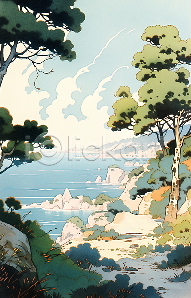 사람없음 JPG 일러스트 구름(자연) 나무 바다 바위(돌) 백그라운드 섬 자연 풀(식물) 풍경화 하늘