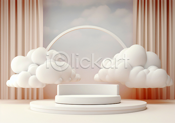 사람없음 3D JPG 디지털합성 편집이미지 구름(자연) 단상 백그라운드 베이지색 원형 커튼 포디움