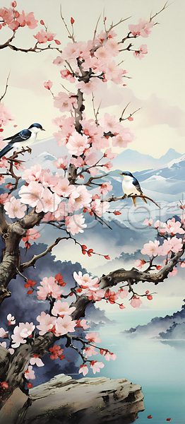 사람없음 JPG 디지털합성 일러스트 강 꽃 나뭇가지 두마리 산 자연 조류 풍경(경치) 화조화
