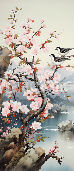 사람없음 JPG 디지털합성 일러스트 강 꽃 나뭇가지 두마리 자연 조류 풍경(경치) 화조화