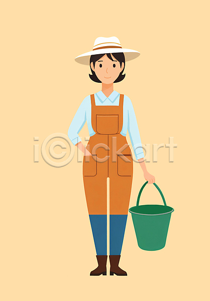 성인 성인여자한명만 여자 한명 PSD 일러스트 귀농 농부 농사 들기 멜빵바지 모자(잡화) 양동이 작업복 전신 주머니손