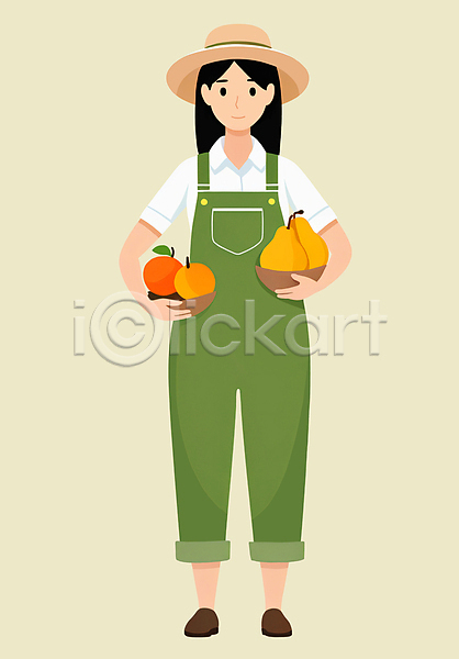 성인 성인여자한명만 여자 한명 PSD 일러스트 귀농 귤 농부 농사 들기 멜빵바지 모과 밀짚모자 배(과일) 열매 오렌지 작업복 전신