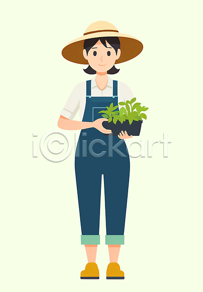 성인 성인여자한명만 여자 한명 PSD 일러스트 귀농 나뭇잎 농부 농사 들기 멜빵바지 밀짚모자 작업복 전신 화분