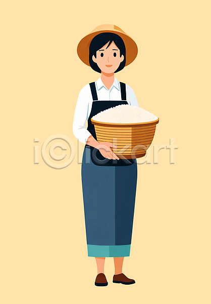 성인 성인여자한명만 여자 한명 PSD 일러스트 귀농 농부 농사 들기 밀짚모자 바구니 쌀 앞치마 작업복 전신