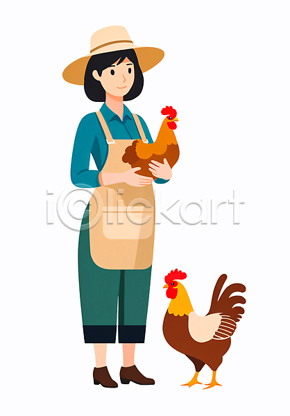 성인 성인여자한명만 여자 한명 PSD 일러스트 귀농 농부 농사 닭 들기 멜빵바지 밀짚모자 앞치마 작업복 전신