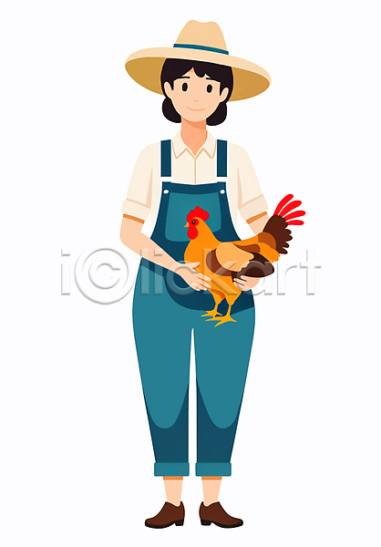 성인 성인여자한명만 여자 한명 PSD 일러스트 귀농 농부 농사 닭 들기 멜빵바지 밀짚모자 작업복 전신