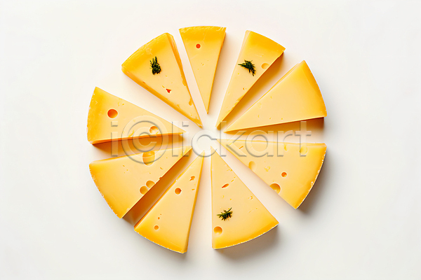 사람없음 JPG 편집이미지 고다치즈 노란색 안주 에멘탈치즈 원형 유제품 음식 조각치즈 치즈 흰색