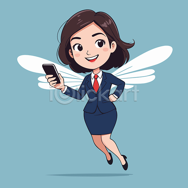 성인 성인여자한명만 여자 한명 AI(파일형식) 일러스트 날개(비행) 들기 비즈니스우먼 비행 스마트폰 전신 정장