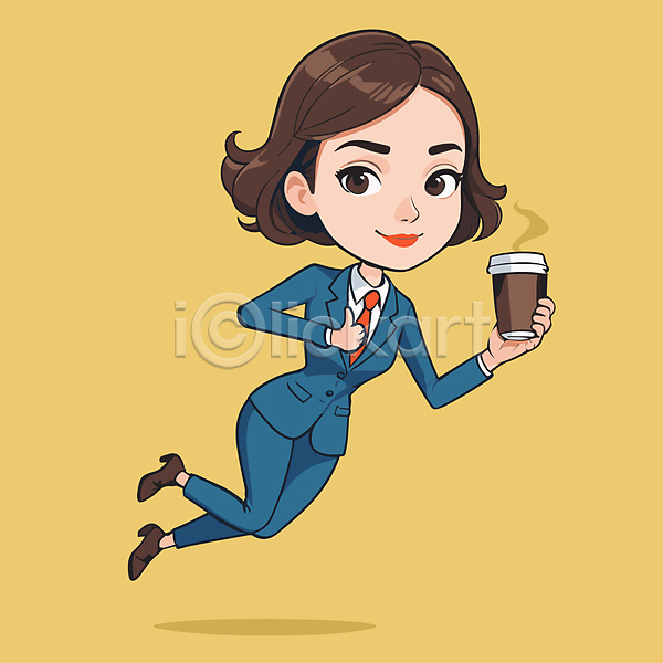 성인 성인여자한명만 여자 한명 AI(파일형식) 일러스트 들기 따봉 비즈니스우먼 비행 전신 정장 커피 커피잔 테이크아웃