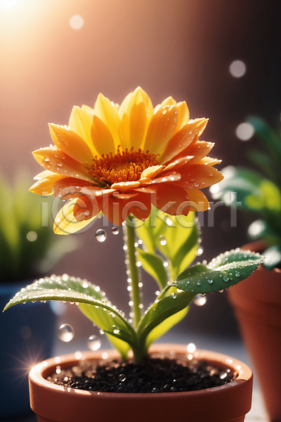 사람없음 JPG 편집이미지 꽃 노란색 물방울 잎 창가 햇빛 화분