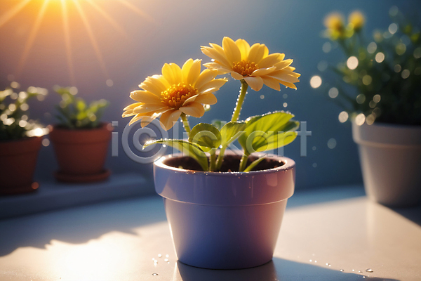 사람없음 JPG 편집이미지 꽃 노란색 두송이 물방울 잎 창가 햇빛 화분