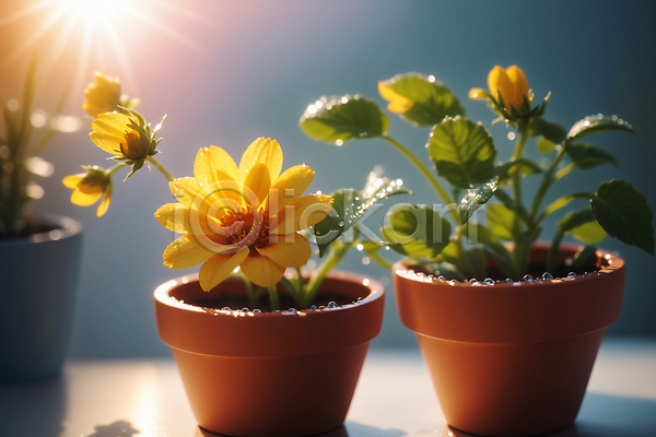 사람없음 JPG 편집이미지 꽃 노란색 물방울 여러송이 잎 창가 햇빛 화분