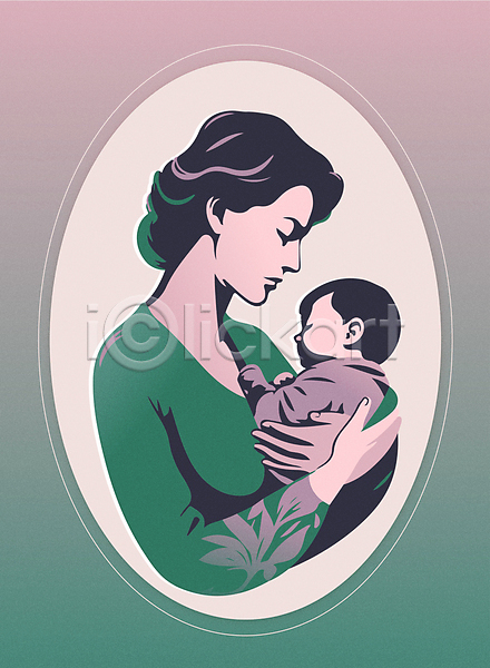 함께함 행복 두명 성인 아기 여자 AI(파일형식) 일러스트 그라데이션 상반신 신생아 안기 엄마 연보라색 육아 초록색 프레임