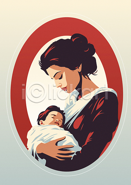 함께함 행복 두명 성인 아기 여자 AI(파일형식) 일러스트 빨간색 상반신 신생아 안기 엄마 육아 프레임