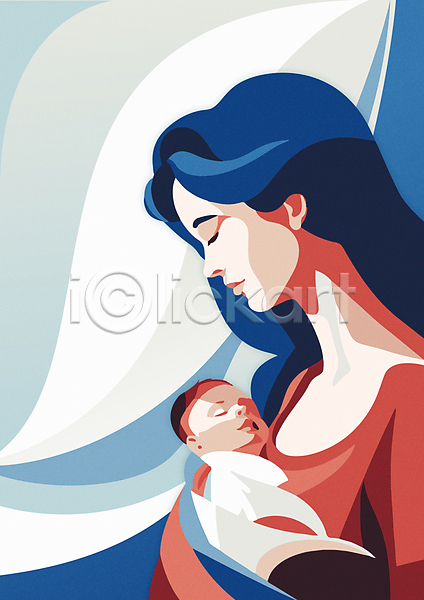 함께함 행복 두명 성인 아기 여자 AI(파일형식) 일러스트 빨간색 상반신 신생아 안기 엄마 육아 파란색