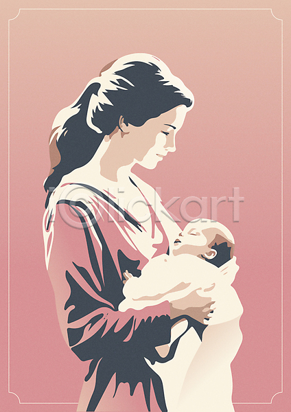 함께함 행복 두명 성인 아기 여자 AI(파일형식) 일러스트 분홍색 상반신 신생아 안기 엄마 육아 프레임