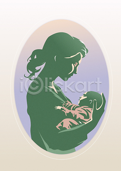 함께함 행복 두명 성인 아기 여자 AI(파일형식) 일러스트 상반신 신생아 안기 엄마 육아 초록색 프레임