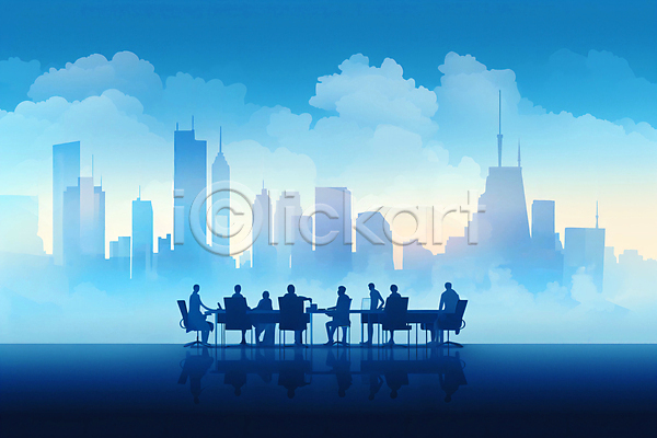 협력 사람 성인 성인만 여러명 JPG 일러스트 건물 구름(자연) 그룹 도시 모니터 앉기 업무 의자 전신 직장인 탁자 파란색 하늘 회사 회의