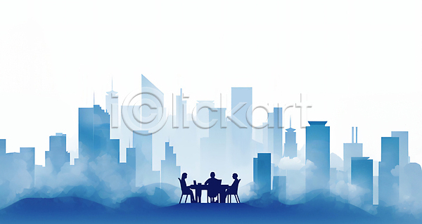 협력 성인 성인만 세명 JPG 일러스트 건물 그룹 도시 안개 앉기 업무 의자 전신 직장인 탁자 파란색 회사 회의