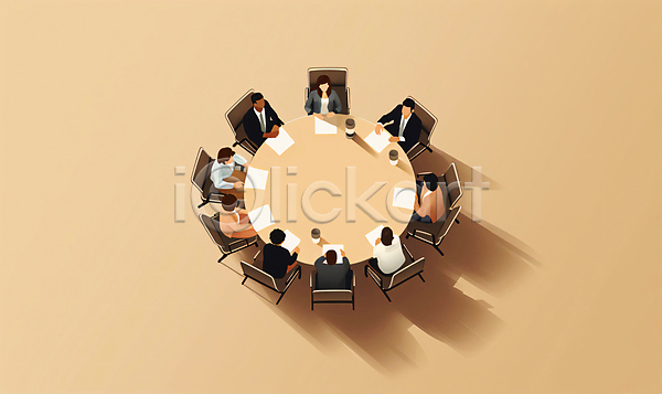 협력 남자 성인 성인만 여러명 여자 JPG 일러스트 그룹 베이지색 앉기 업무 의자 전신 종이 직장인 책상 커피잔 탁자 회사 회의