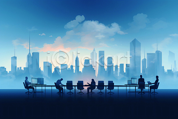 협력 사람 성인 성인만 여러명 JPG 일러스트 건물 구름(자연) 그룹 도시 모니터 앉기 업무 의자 전신 직장인 책상 탁자 파란색 하늘 회사 회의