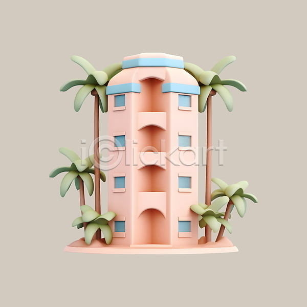 사람없음 3D PSD 디지털합성 아이콘 건물 리조트 분홍색 빌딩 숙박 야자수 여행 파스텔톤 호텔 휴가