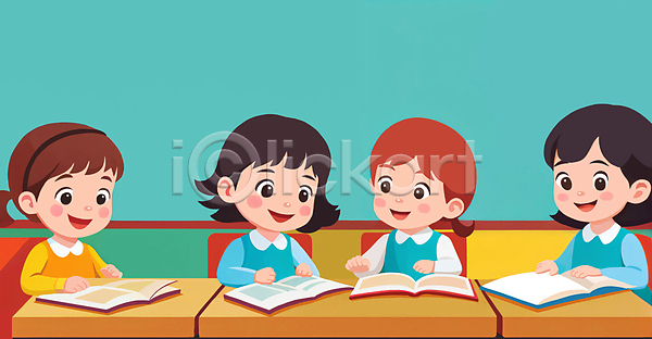 함께함 소녀(어린이) 소녀만 어린이 여러명 여자 JPG 일러스트 교과서 교실 독서 상반신 손짓 수업 앉기 어린이교육 어린이라이프 의자 책상 학교 학생 학습