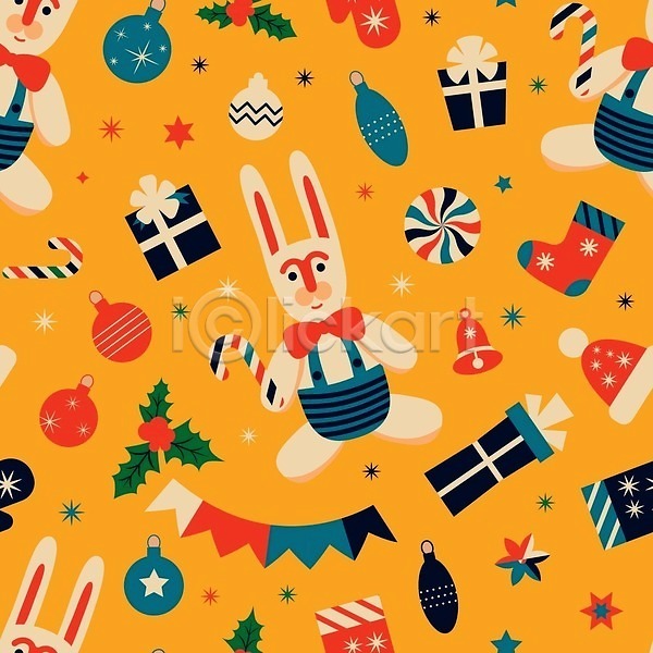 빈티지 사람없음 EPS 일러스트 해외이미지 노란색 오너먼트 지팡이사탕 크리스마스 토끼 패턴 패턴백그라운드 해외202310