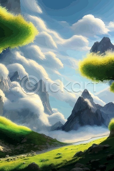 분위기 사람없음 EPS 일러스트 해외이미지 구름(자연) 나무 바위 백그라운드 산 풍경(경치) 하늘 해외202310