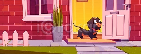 달콤 산책 행복 EPS 일러스트 해외이미지 갈색 강아지 개 건물 기다림 닥스훈트 단계 대문 도착 동물 라이프스타일 만화 매트 목재 문 바닥 반려동물 방문 벡터 벽돌 빨간색 송곳니 시골집 시작 야외 오픈 울타리 일러캐릭터 주택 창문 출입구 캐릭터 해외202310 해외일러스트 혼자 환영