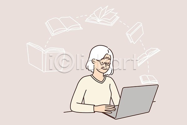 행복 노년 노인여자한명만 여자 한명 EPS 일러스트 해외이미지 노트북 상반신 안경 앉기 전자책 책 할머니 해외202310