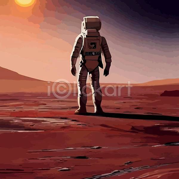미래 신비 사람 한명 EPS 뒷모습 일러스트 해외이미지 SF 그림자 빛 우주 우주복 우주비행사 전신 표면 해외202310 화성(행성)