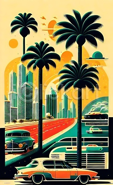빈티지 사람없음 JPG 포토 해외이미지 건물 도로 도시 마이애미 복고 야자수 여행 자동차 태양 포스터 해외202310
