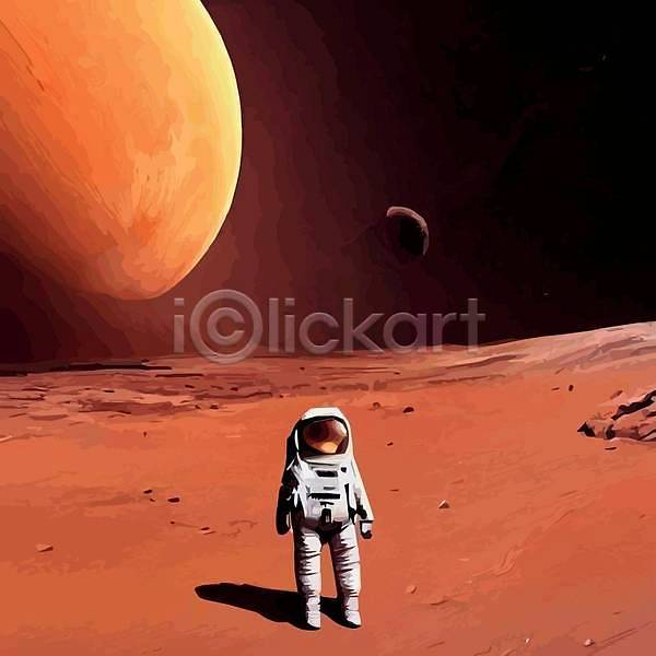미래 신비 사람 한명 EPS 일러스트 해외이미지 SF 그림자 우주 우주복 우주비행사 전신 표면 해외202310 화성(행성)