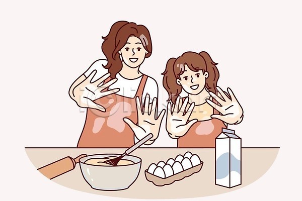 함께함 두명 여자 EPS 일러스트 해외이미지 계란 딸 모녀 무료이미지 밀가루 손내밀기 앞치마 엄마 요리 우유 해외202310 해외일러스트