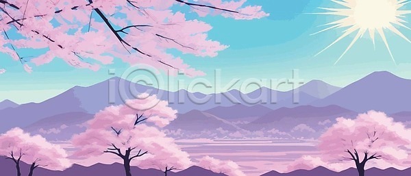분위기 사람없음 EPS 일러스트 해외이미지 나무 벚꽃 분홍색 산 태양 하늘
