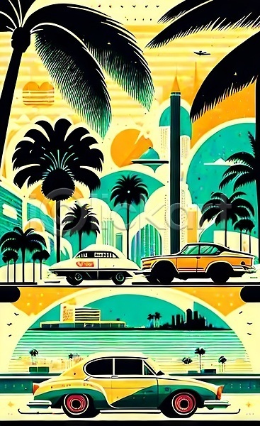 빈티지 사람없음 JPG 포토 해외이미지 건물 도로 도시 마이애미 복고 야자수 여행 자동차 태양 포스터 해외202310