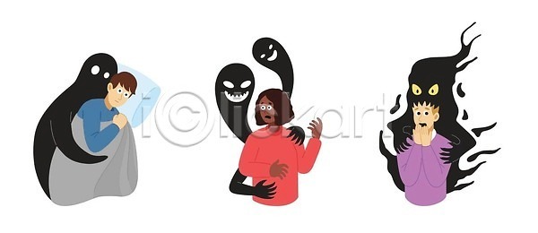 긴장 무서움 스트레스 사람 성인 소년 EPS 일러스트 해외이미지 검은색 그림 벡터 세트 수집 위기 정신건강 해외202310 해외일러스트