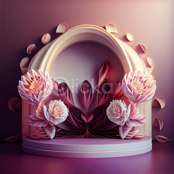 사람없음 3D JPG 포토 해외이미지 광택 꽃 단상 백그라운드 분홍색 자주색 파스텔톤 포디움 해외202310