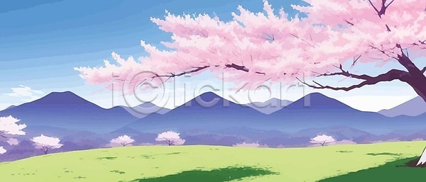 분위기 사람없음 EPS 일러스트 해외이미지 구름(자연) 나무 벚꽃 분홍색 산 하늘