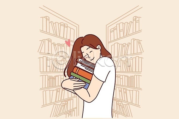 사랑 성인 성인여자한명만 여자 한명 EPS 일러스트 해외이미지 도서관 독서 들기 미소(표정) 상반신 안기 책 책장 포옹 하트