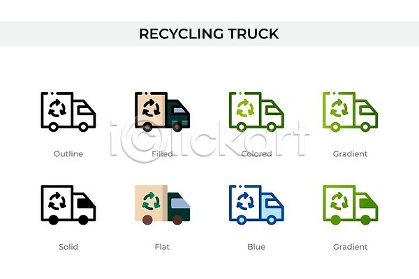 사람없음 EPS 아이콘 해외이미지 다양 면 선 세트 심볼 심플 재활용표시 초록색 트럭 해외202310